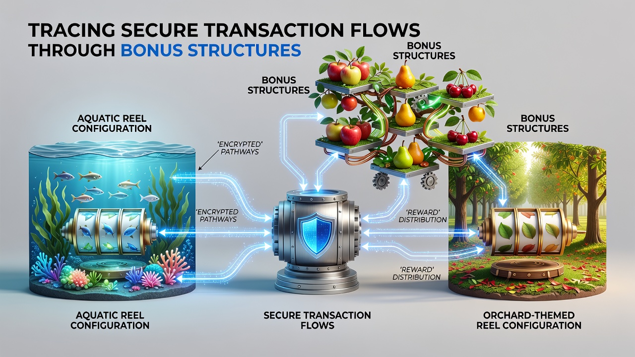 Secure transaction flow diagram overlaid on slot interface showing encrypted paths from deposit to bonus payout